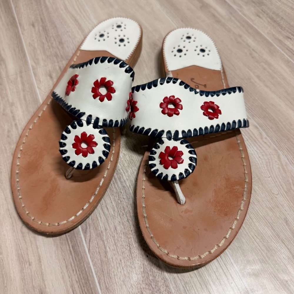 Jack Rogers Jacks Flat Sandals White Leather Red Floral Navy Whipstitch 8.5